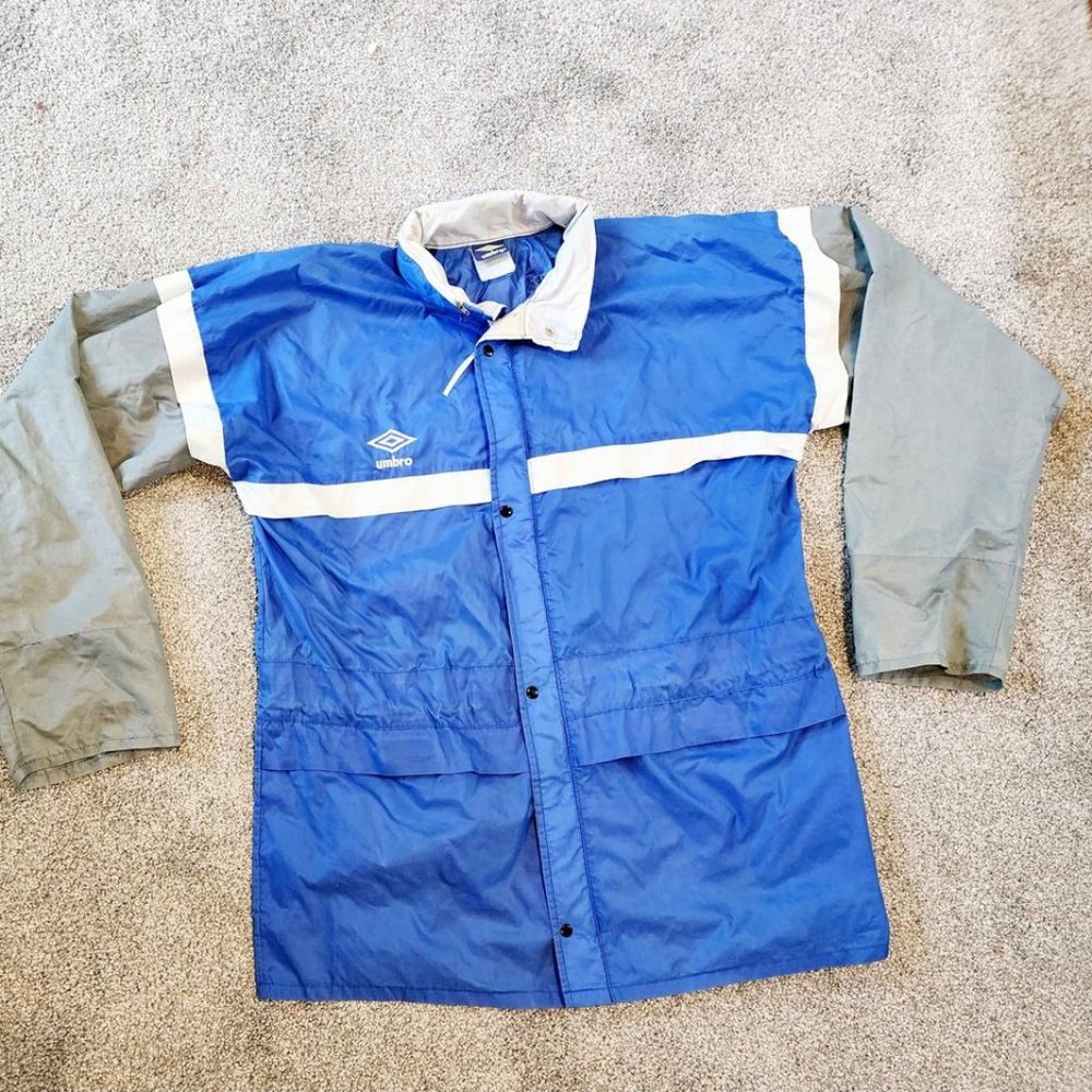 Men's Umbro Lightweight Windbreaker Jacket Coat Large Blue White Hooded